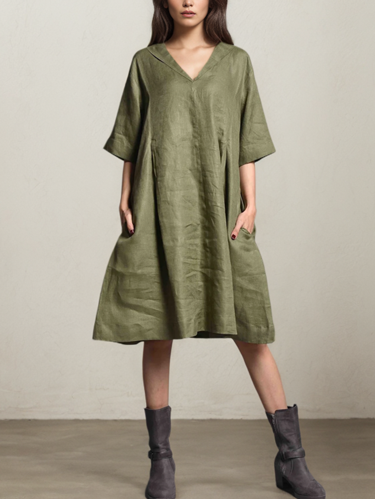 Cotton And Linen V Neck Plain Short Sleeve Mini Dress