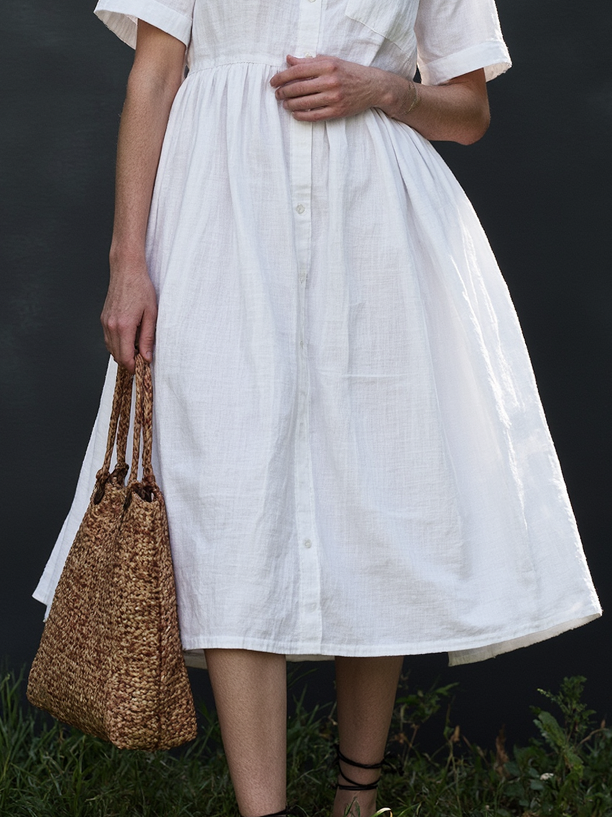 Linen Shirt Collar Plain Short Sleeve Midi Dress